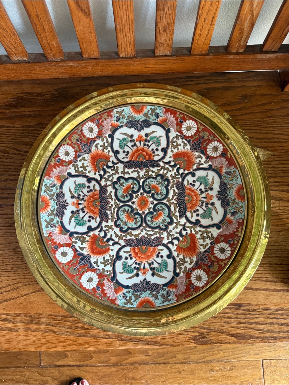 Decorative Brass Tray with Orange and Teal Floral Inlay